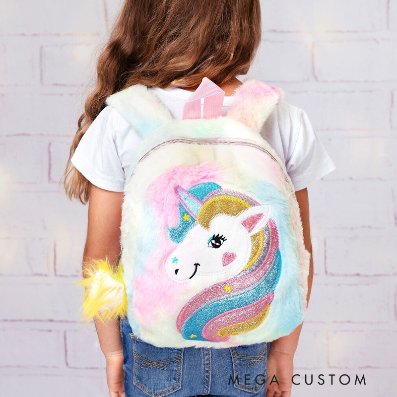 Personalized Cute Dream Horse Theme Custom Name Soft Plush Pink Girls School Travel Backpack