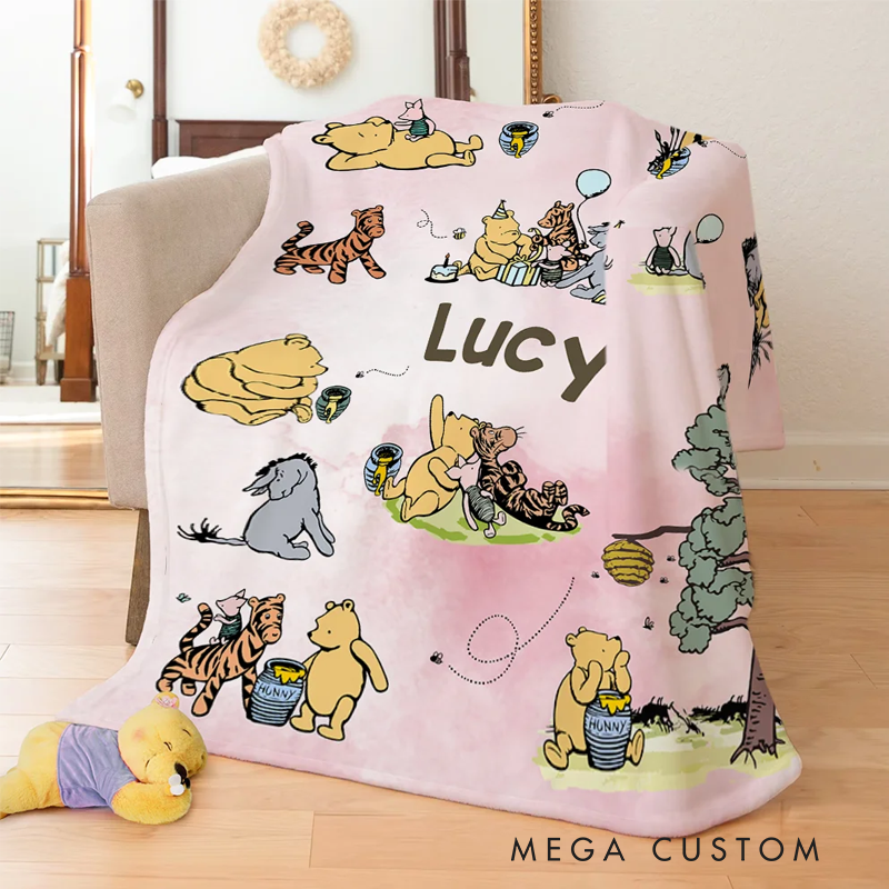 Personalized Classic Winnie the Pooh Illustration Soft Throw Blanket with Name Nusery Decor Birthday Baby Shower Gift for Newborns Boys Girls