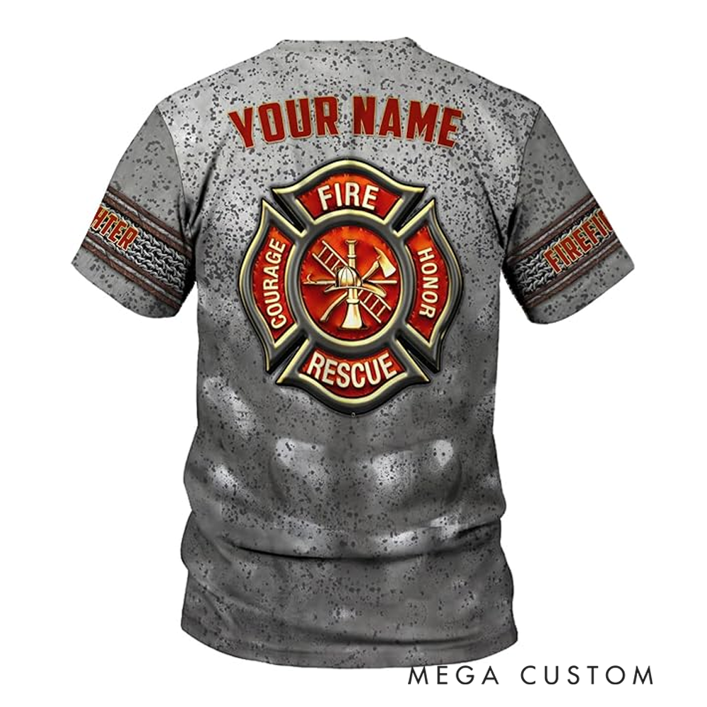 Personalized Firefighter Full Print T-Shirt Gift Custom Name and Metallic Gear Design