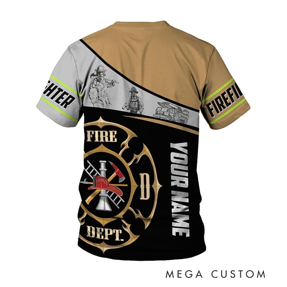 Personalized Firefighter Full Print T-Shirt Gift Custom Name and Vintage Fire Dept Design