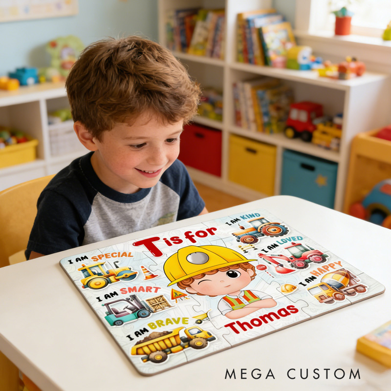 Personalized Fun Construction Theme Custom Name Photo Face Alphabet Learning Truck Pattern Puzzle