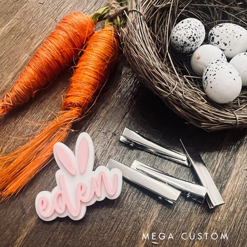 Personalized Bunny Theme Custom Name Adorable Rabbit Ear Pastel Pink Font Acrylic Hair Clip