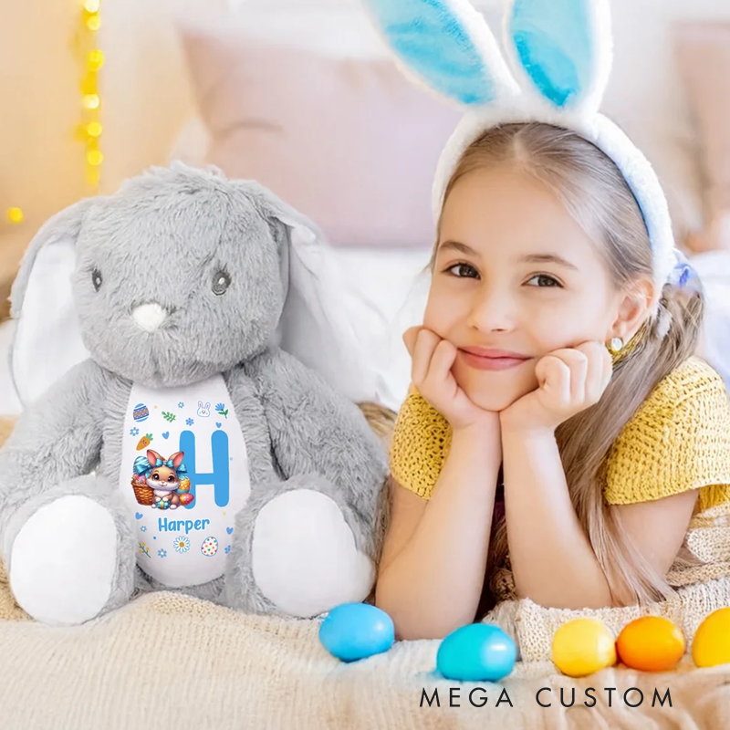 Personalized Cute Peter Rabbit Plush Easter Bunny Stuffed Toy with Initial and Name Easter Birthday Gift for Kids