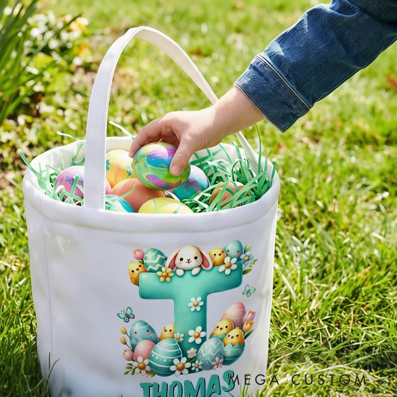 Personalized Cartoon Bunny Easter Eggs Large Capacity Canvas Easter Basket with Name and Initial Eggs Hunting Party Easter Gift for Kids