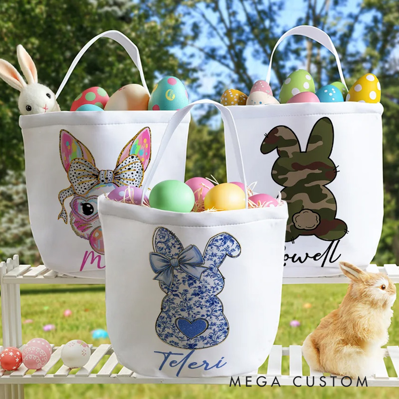 Personalized Cute Bow Bunny Canvas Easter Basket with Name Easter Eggs Hunting Party Favor Gift for Boys Girls