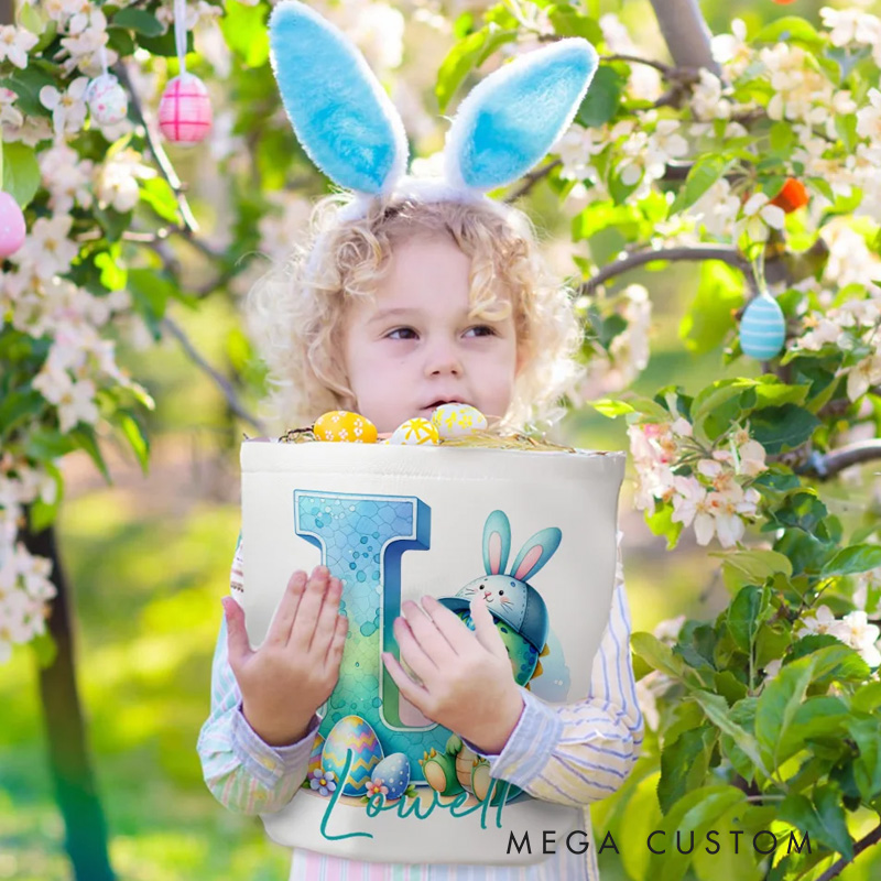 Personalized Cute Fantasy Rainbow Horse Dinosaur Canvas Easter Basket with Initial and Name Party Favor Eggs Hunting Easter Gift for Kids
