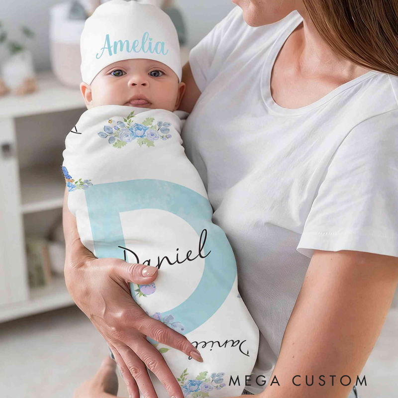 Personalized Name Peter Rabbit Bunny Alphabet Receiving Blanket with Hat Swaddle Hat Set for Baby Girl Boy Birthday Baby Shower Easter Gift for Newborns