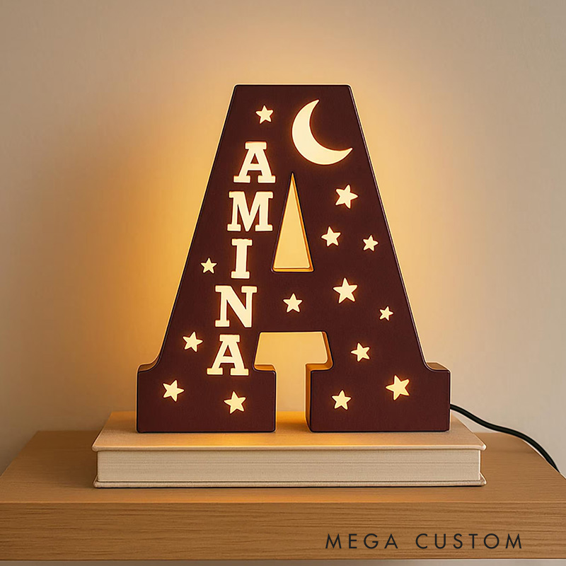 Personalized Letter Theme Custom Name Soft Yellow Glow Decorative Initial Shape Wooden Night Light