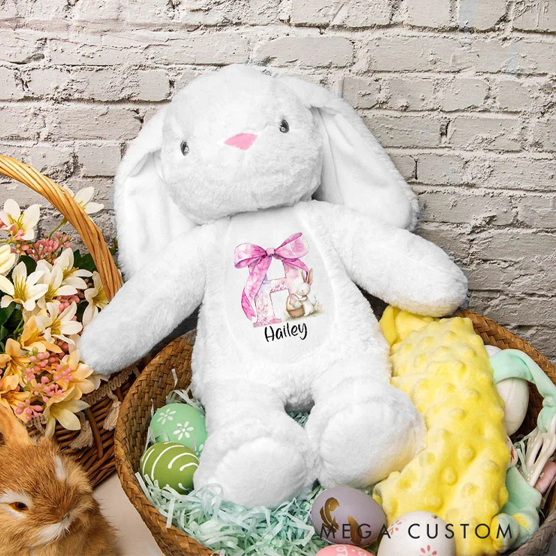 Personalized Pink Coquette Bow Initial Cute Easter Bunny Plush Stuffed Animal Toy with Name Easter Birthday Gift for Kids