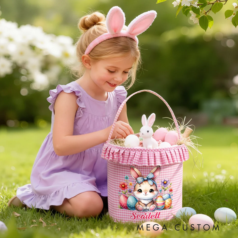 Personalized Cartoon Cute Bunny Chick Reusable Easter Plaid Basket with Name Easter Egg Hunt Easter Party Gift for Kids