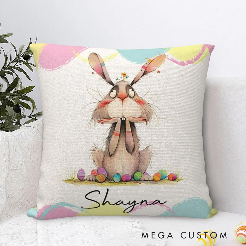 Personalized Quirky Easter Egg Bunny Soft Throw Pillow Cover with Name Easter Party Home Decor Gift for Kids