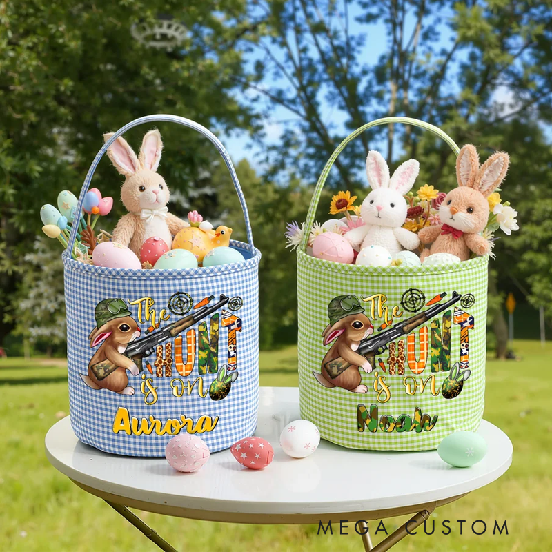 Personalized Cute Bunny Camouflage Flower Plaid Easter Basket with Name Easter Egg Hunt Easter Gift for Boys Girls