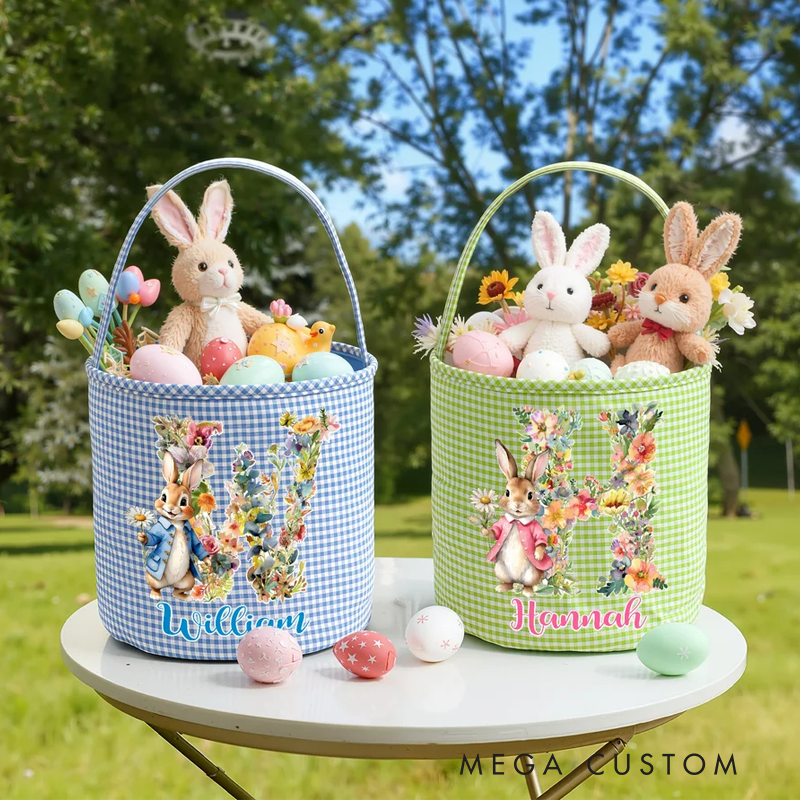 Personalized Cute Flower Peter Rabbit Easter Basket with Name and Initial Easter Eggs Hunting Party Favor Gift for Boys Girls