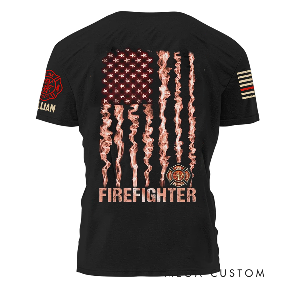 Personalized Firefighter T-Shirt with Smoky American Flag Design Perfect Custom Gift for Heroes