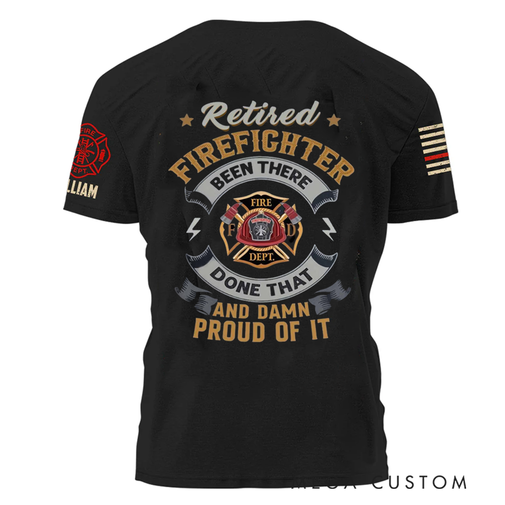 Personalized Retired Firefighter T-Shirt with Custom Name and Badge Design Proud Retirement Gift
