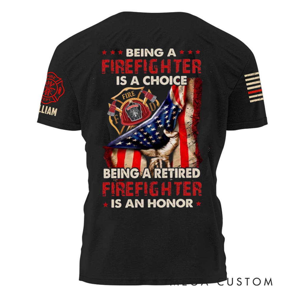 Personalized Retired Firefighter T-Shirt with American Flag and Custom Name Honorable Retirement Gift
