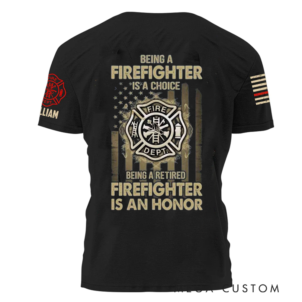 Personalized Firefighter T-Shirt with Fire Dept Emblem and Custom Name - Honoring Service and Retirement