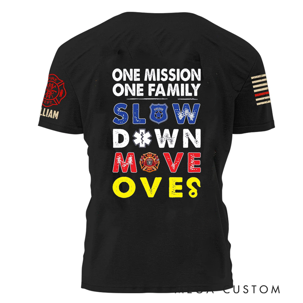 Personalized Firefighter T-Shirt with One Mission, One Family Design and Custom Name Promote Safety and Unity