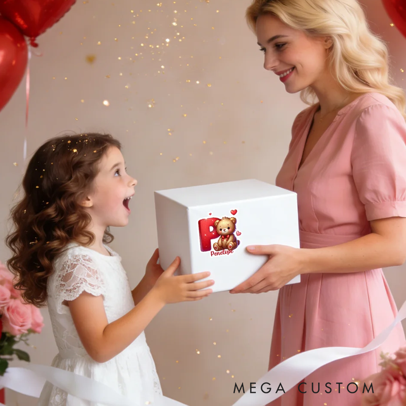 Personalized Heart Cute Cartoon Bear Initial Waterproof Stickers Labels with Name Valentine's Day Birthday Gift for Kids