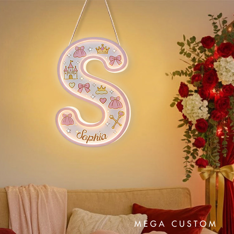 Personalized Princess Theme Custom Name Crown Castle and Bow Pattern Nursery LED Light Acrylic Sign