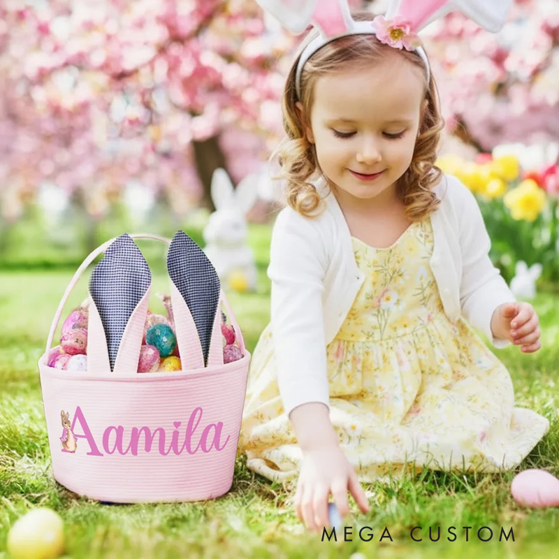 Personalized Cute Peter Rabbit Ears Stripe Easter Basket with Name and Initial Easter Party Favor Eggs Hunting Gift for Kids