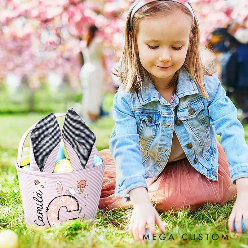 Personalized Cute Bunny Ears Polka Dot Initial Easter Basket with Name Egg Hunt Accessories Easter Party Gift for Boys Girls