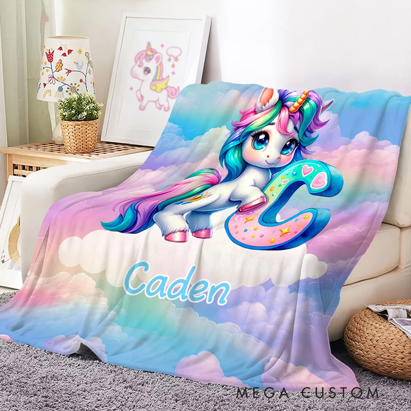 Personalized Gradient Dreamy Fantasy Unicorn Initial Design Soft Throw Blanket with Name Room Decor Christmas Gift for Women Girls