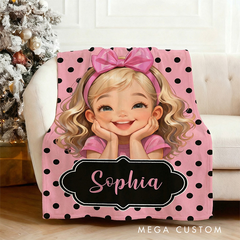 Personalized Girl Theme Custom Name Cute Pink Polka Dot Cartoon Character Style Soft Blanket