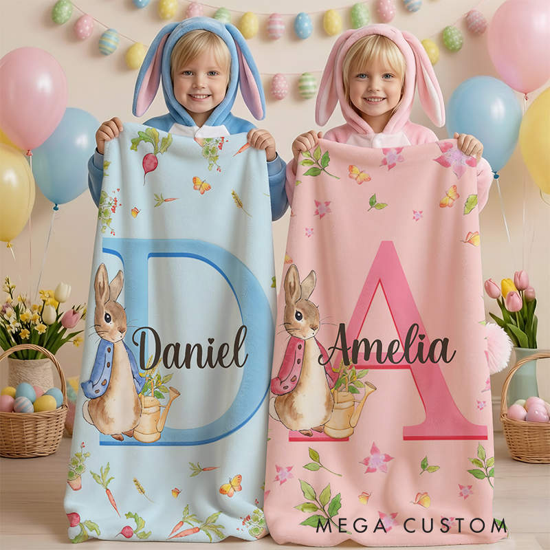 Personalized Name Peter Rabbit Bunny Alphabet Blanket Flannel Sherpa Bed Couch Throw Nursery Home Decor Birthday Easter Gift for Newborns Kids