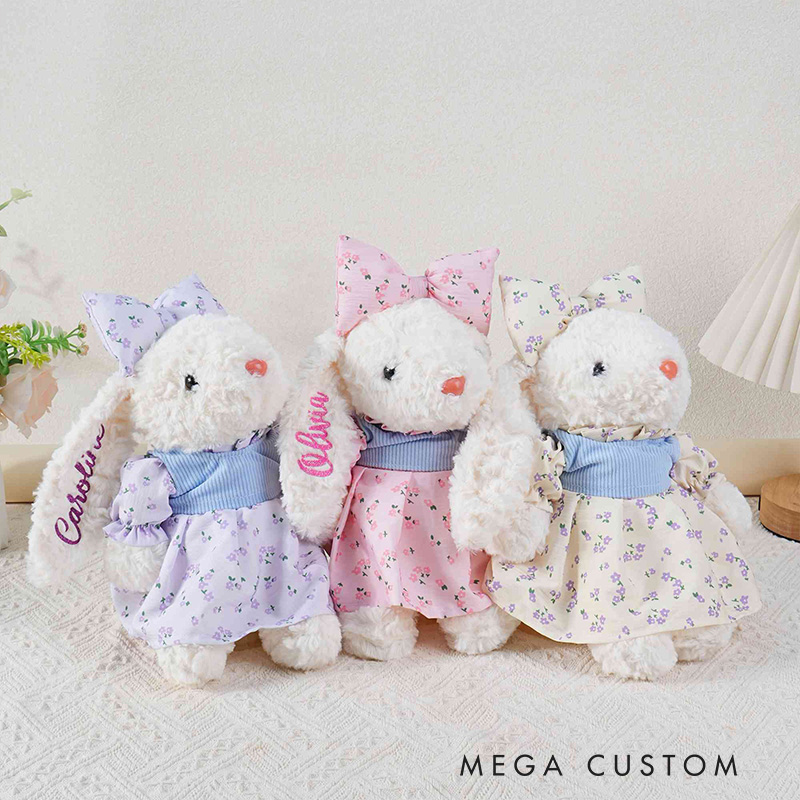 Personalized Cute Bunny Theme Custom Name Adorable Rabbit with Bow and Floral Dress Bunny Doll Toy