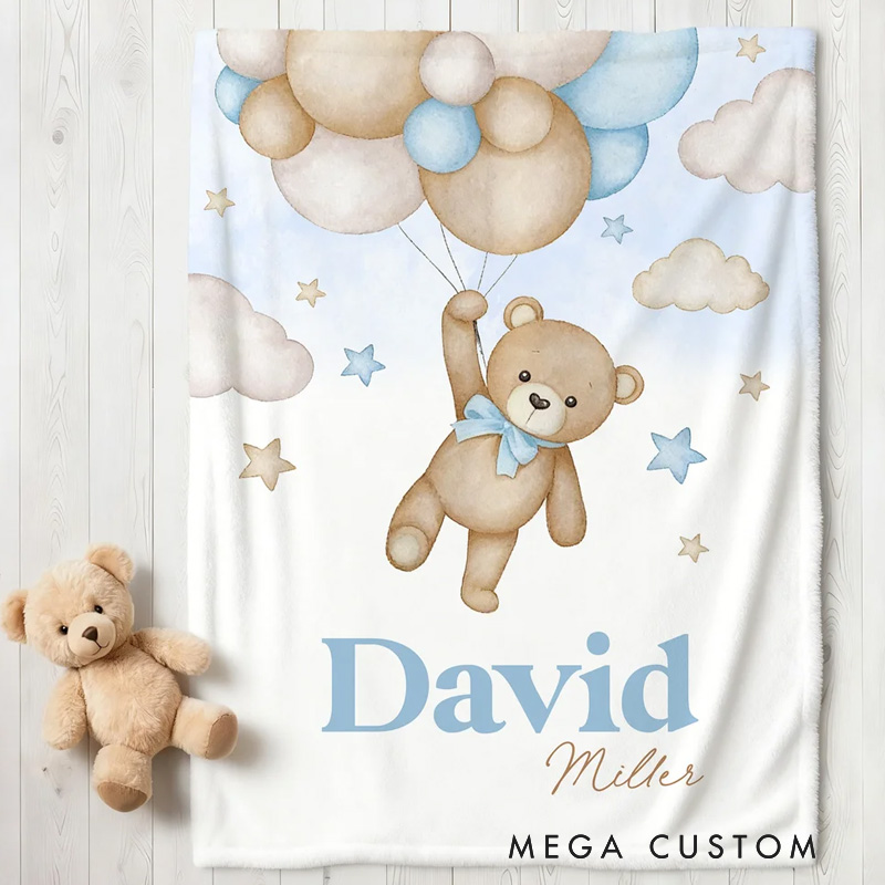 Personalized Bear Balloon Soft Throw Blanket with Name Home Decor Birthday Baby Shower Gift for Newborns Kids