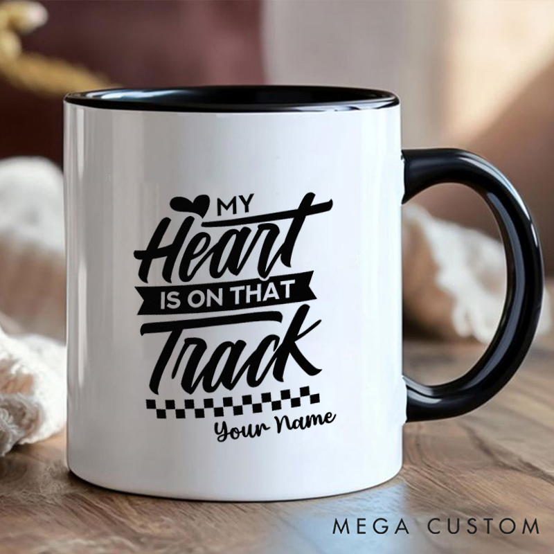 Personalized Racing Heart Mug with Name and Track Design for Outdoor Adventures Riding Cycling Biking Enthusiasts