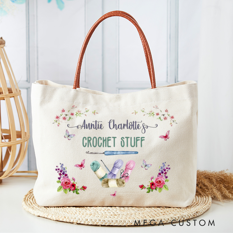 Personalized Crochet Stuff Tote Bag Knitting Lover Bag Crocheter Gift Flowers and Butterflies Crochet Bag