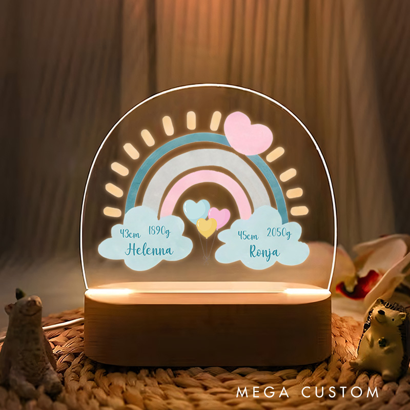Personalized Acrylic Rainbow Night Light Baby Gift for the Birth of Twins