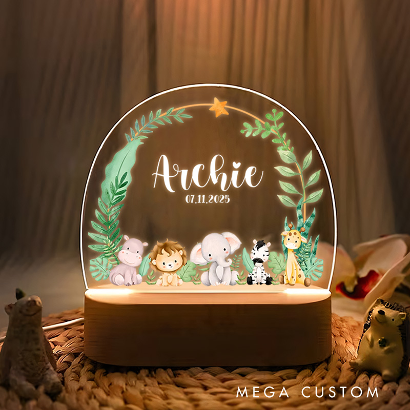 Personalized Jungle Animal Night Light Nursery Baby Room Name Sign Gift