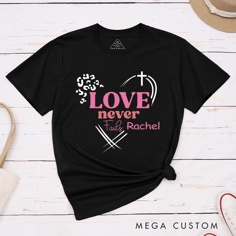 Personalized Love Never Fails Leopard Style Classic T-Shirt Bible Verse Cotton Shirt with Custom Name Easter Gift for Women