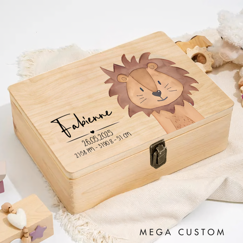 Personalized Adorable Lion Illustration with Birth Details for a Charming and Heartfelt Keepsake Memory Box
