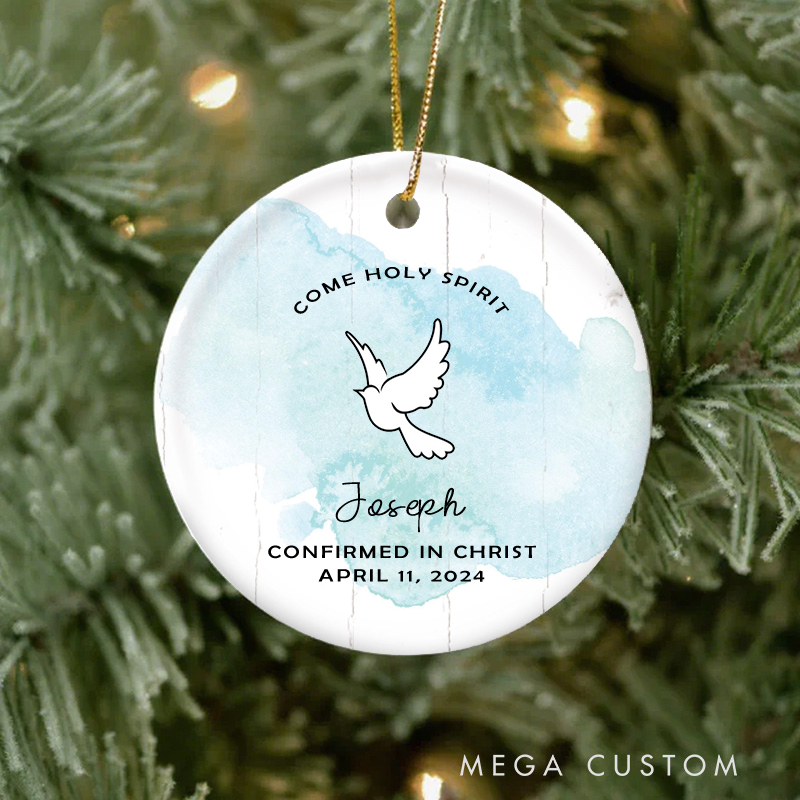 Personalized Come Holy Spirit Ceramic Christmas Ornament with Name Confirmed in Christ Ornament Dove Hanging Home Decor Confirmation Gift for Boy