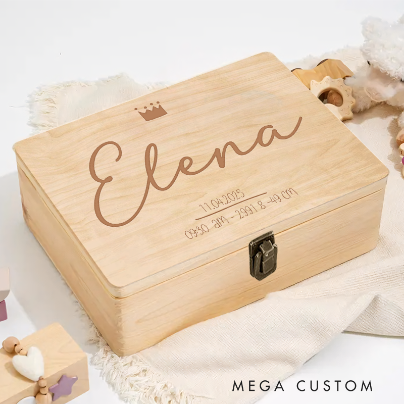 Personalized Elegant Name Design with Crown Accent and Birth Details and Timeless Keepsake Memory Box