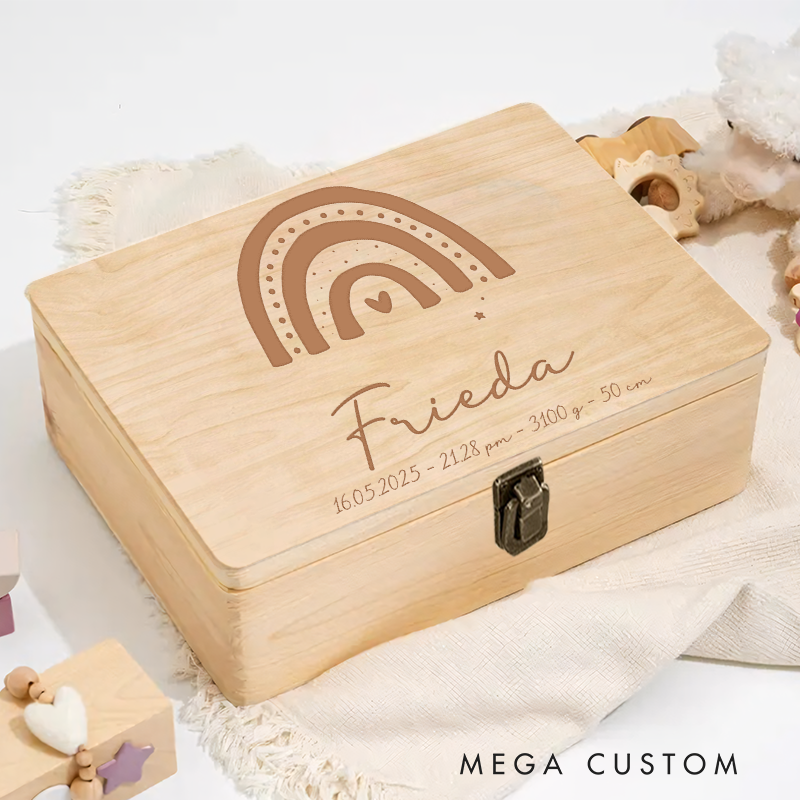 Personalized Rainbow with Heart Center and Birth Details for a Warm and Cherished Keepsake Memory Box