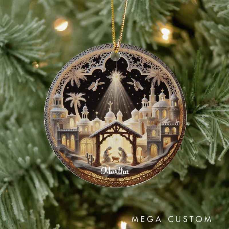 Personalized Nativity Scene Ceramic Christmas Ornament Custom Christian Christmas Tree Decor Old World Manger Scene Religous Gift for Catholics