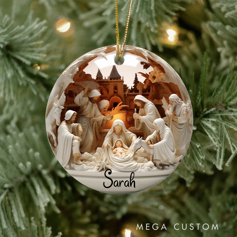 Personalized Nativity Ceramic Christmas Ornament with Name Custom Xmas Jesus Gift Ornament Christian Christmas Tree Decor Religous Gift for Catholics