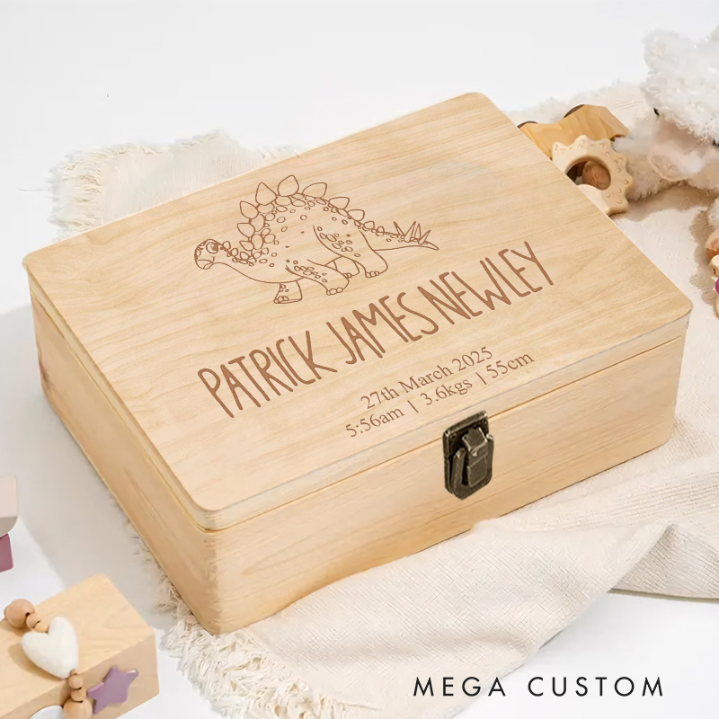 Personalized Adorable Dinosaur Illustration with Birth Details for a Fun and Timeless Keepsake Memory Box