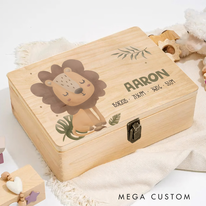 Personalized Gentle Lion Illustration with Greenery and Birth Details for a Sweet and Nature-Inspired Memory Box