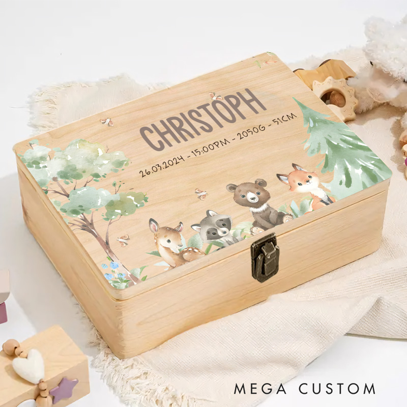 Personalized Forest Friends with Trees and Birth Details for a Whimsical and Heartwarming Keepsake Memory Box