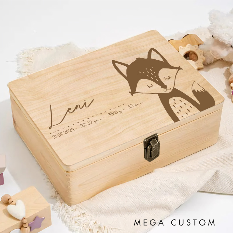 Personalized Adorable Fox Illustration with Birth Details for a Sweet and Nature-Inspired Keepsake Memory Box