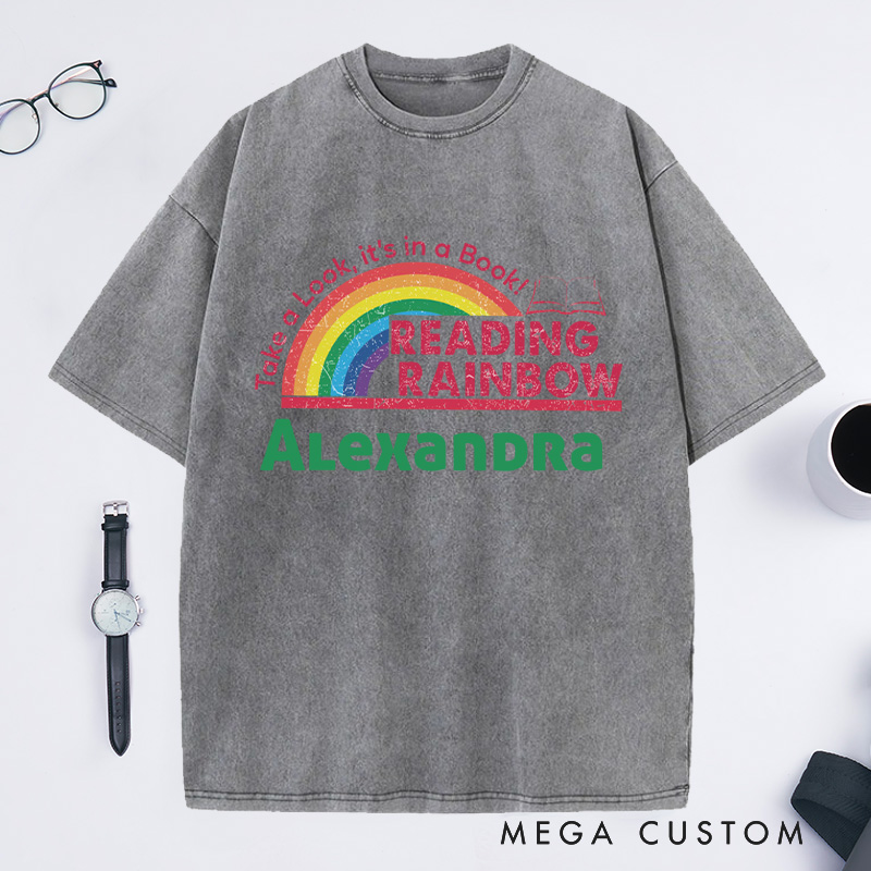 Personalized Reading Rainbow Washed T-Shirts for Librarian, Take a Look It's in a Book Shirt, Retro Librarian Tee with Name Book Lover Gift