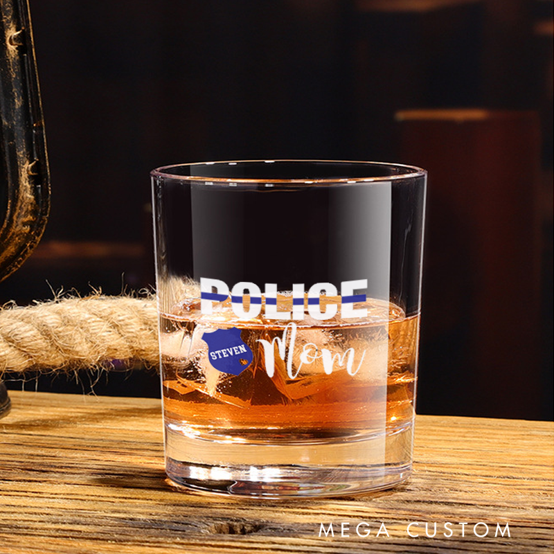 Personalized Whiskey Glass Police Mom Thin Blue Line Badge Design Gift for Police Mom