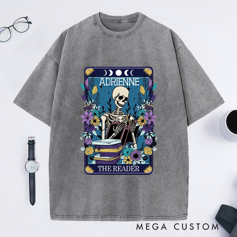 Personalized The Reader Washed T-Shirts Bookish Shirt Skeleton Tarot Shirt for Book Lover Gift Librarian Gift