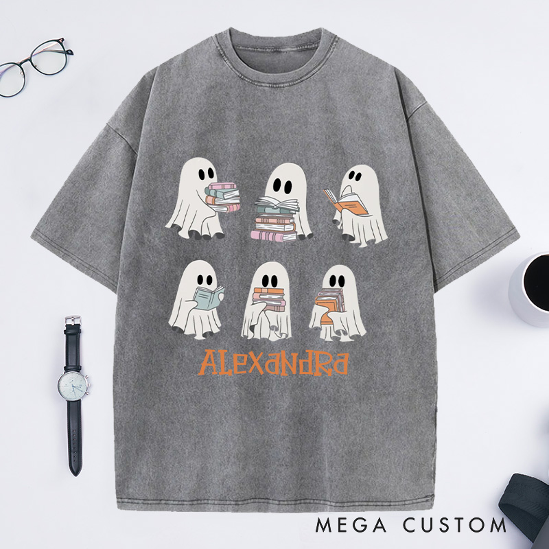Personalized Ghost Reading Washed T-Shirts Halloween Shirt Librarian Shirt Book Lover Tshirt Reading Shirt